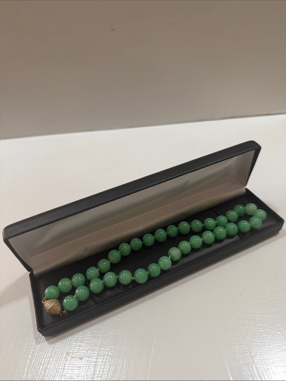 Green Vintage Peking Glass Bead Necklace with Gold Tone Clasp 15” long
